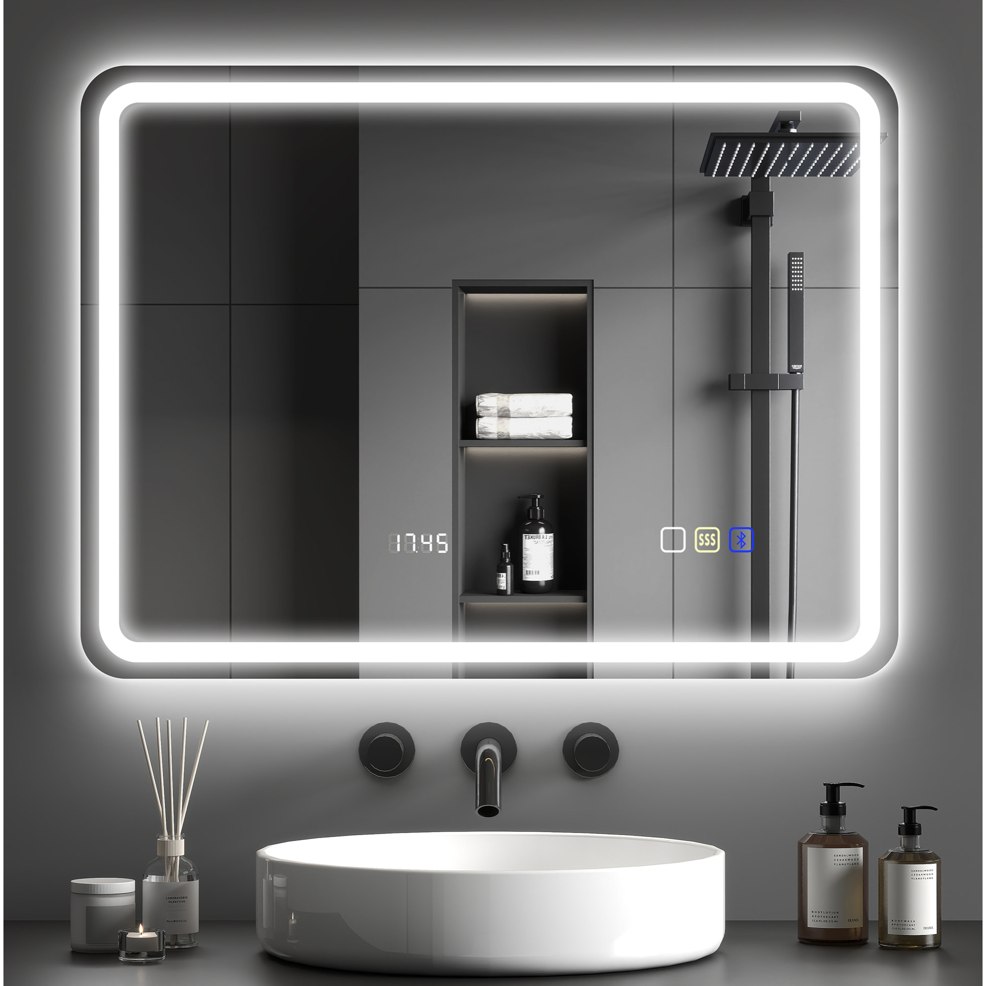 Miroir lumineux LED salle de bain Bluetooth 60x80cm - horloge numérique, antibuée, tactile, réglable - verre trempé 4 mm