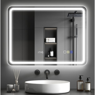 Miroir lumineux LED salle de bain Bluetooth 60x80cm - horloge numérique, antibuée, tactile, réglable - verre trempé 4 mm