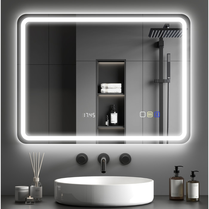 Miroir lumineux LED salle de bain Bluetooth 60x80cm - horloge numérique, antibuée, tactile, réglable - verre trempé 4 mm