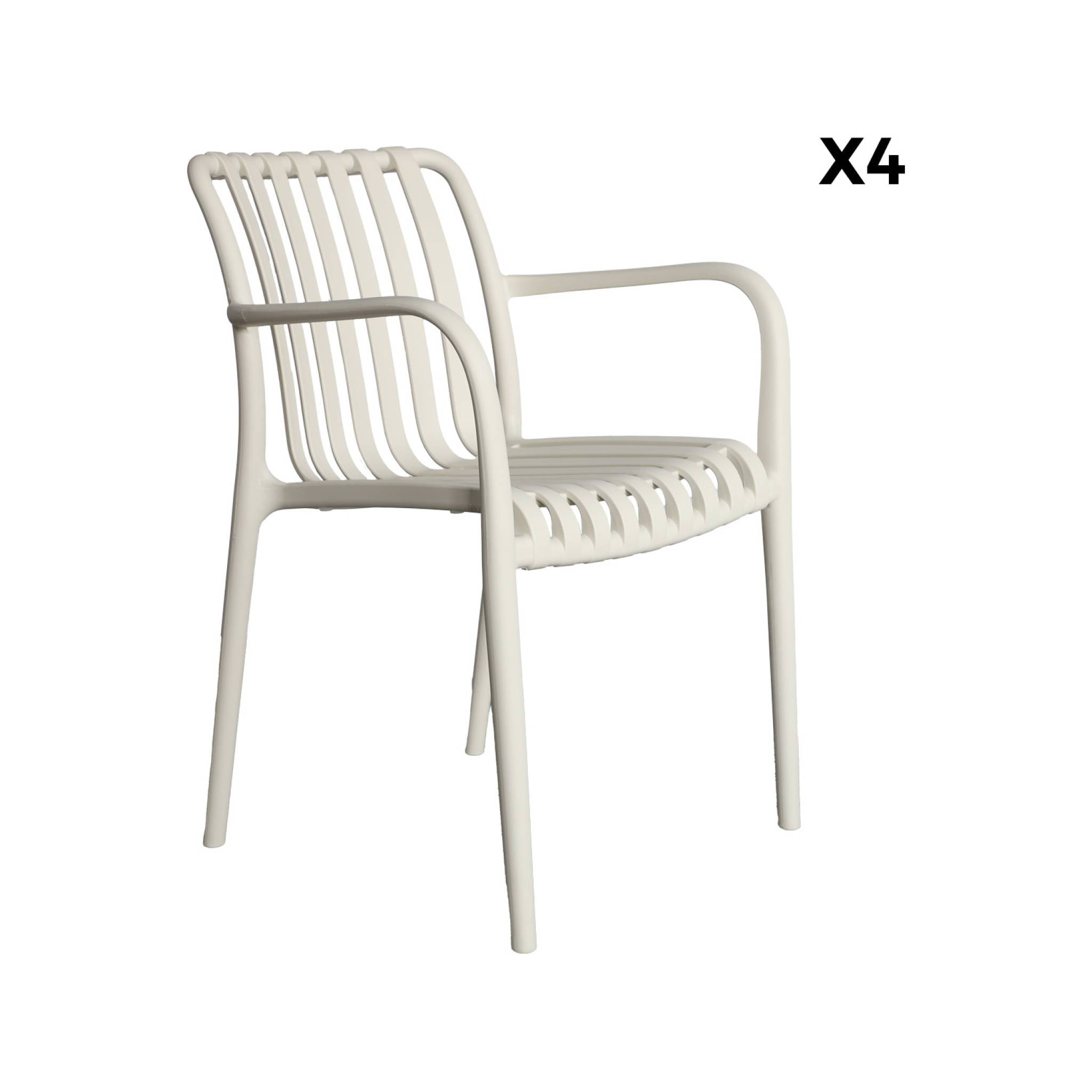 Lot de 4 fauteuils de jardin en plastique beige. empilables. design linéaire