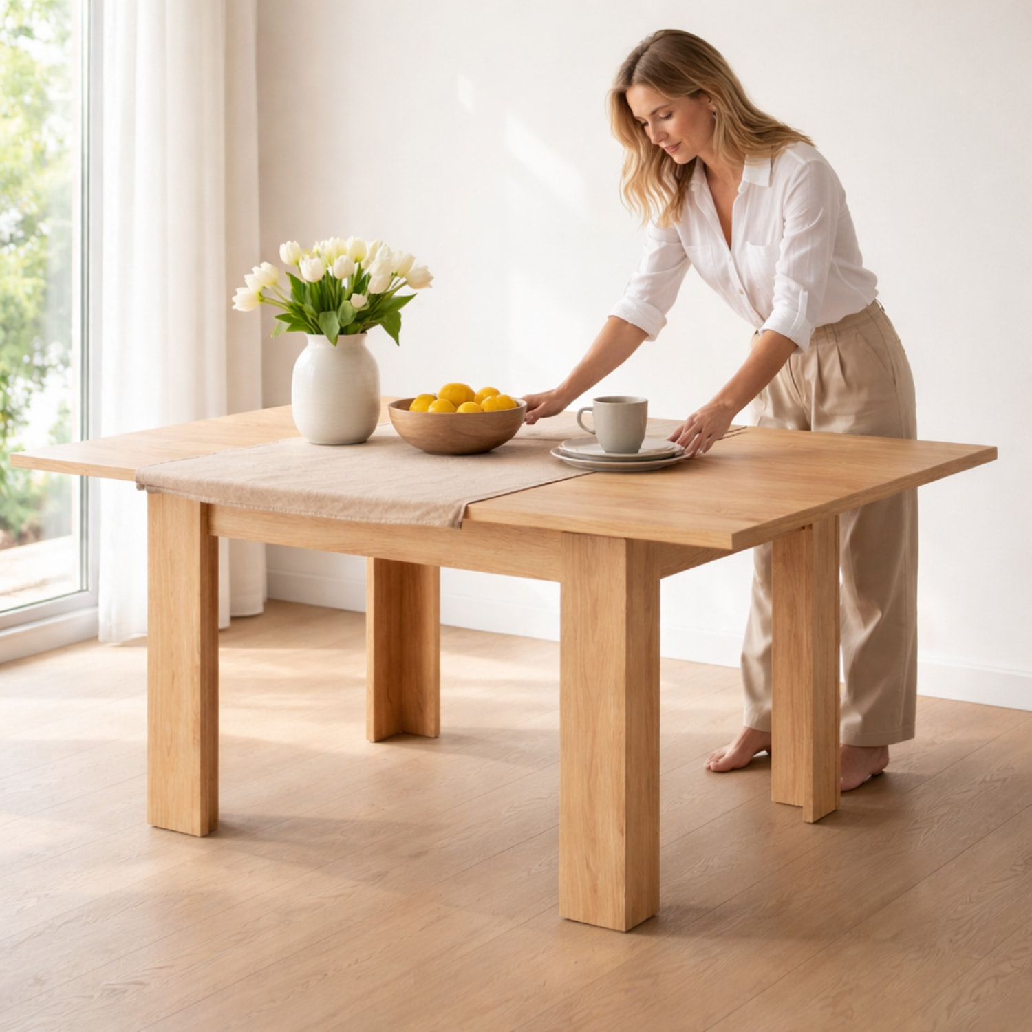 Tavolo Allungabile Moderno Gambe Spesse Design Minimal Meccanismo Centrale Estensibile Ideale Per Cucina Sala da Pranzo 90 x 90 / 180 x 90 Cm Rovere