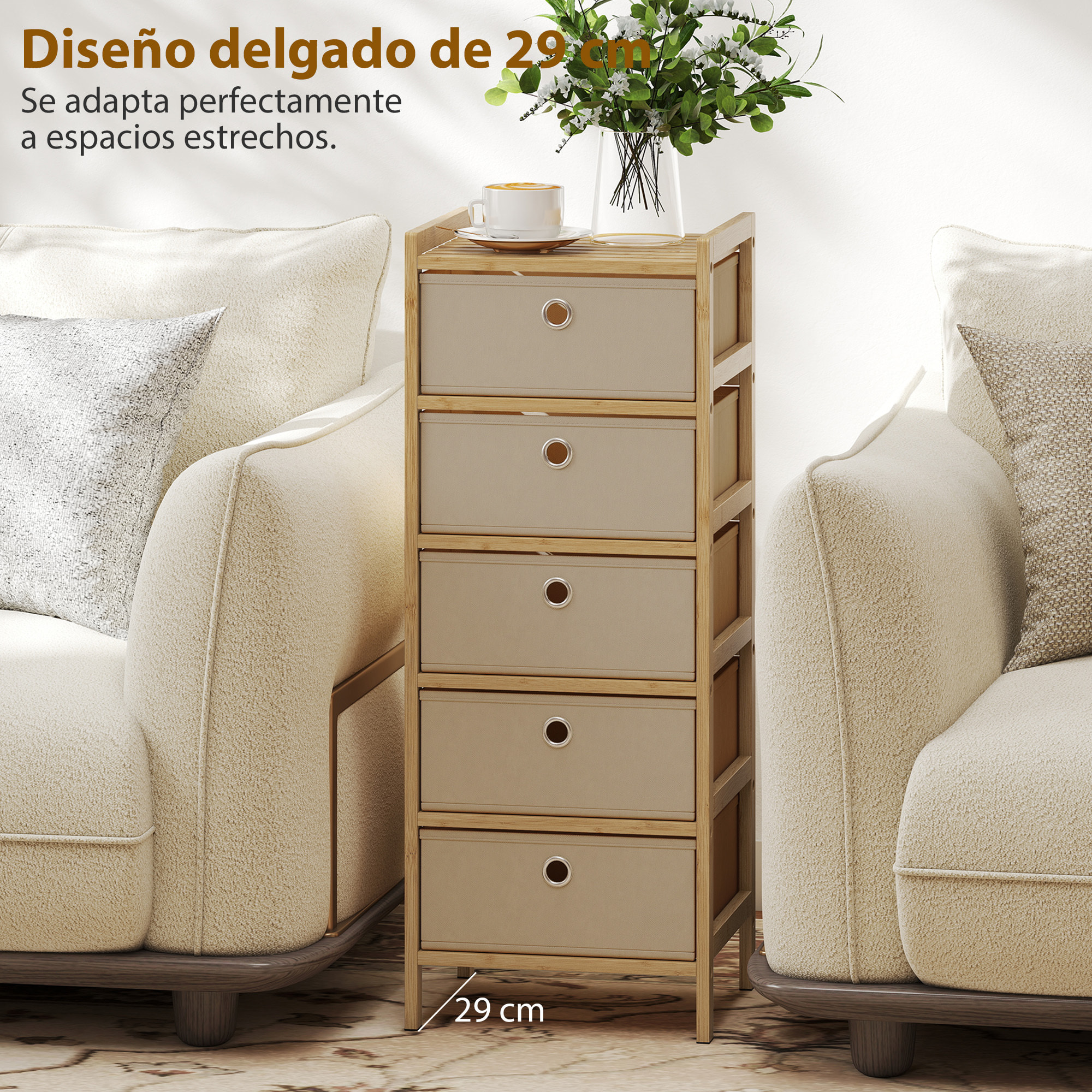 Cómoda con 5 Cajones de Tela, Cómoda para Dormitorio de Bambú, Cajonera para Espacios Pequeños, Salón, Oficina, Vestidor, Crema y Natural