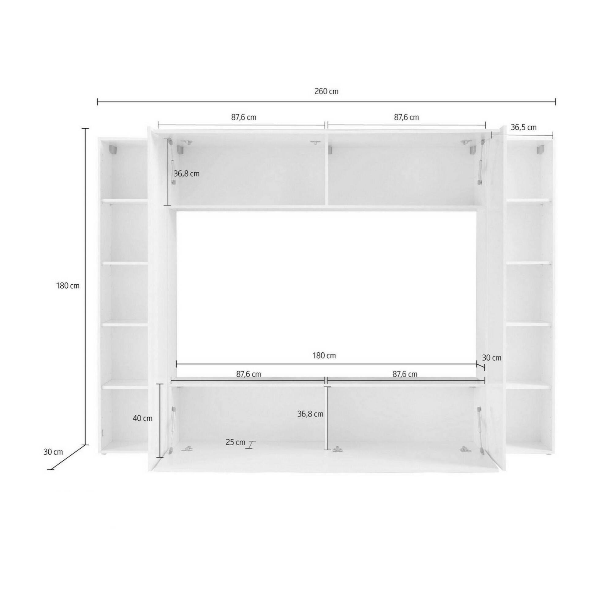 Parete attrezzata da soggiorno, Made in Italy, Base porta TV e pensili e scaffali, Set salotto moderno, cm 260x30h180, colore Bianco lucido