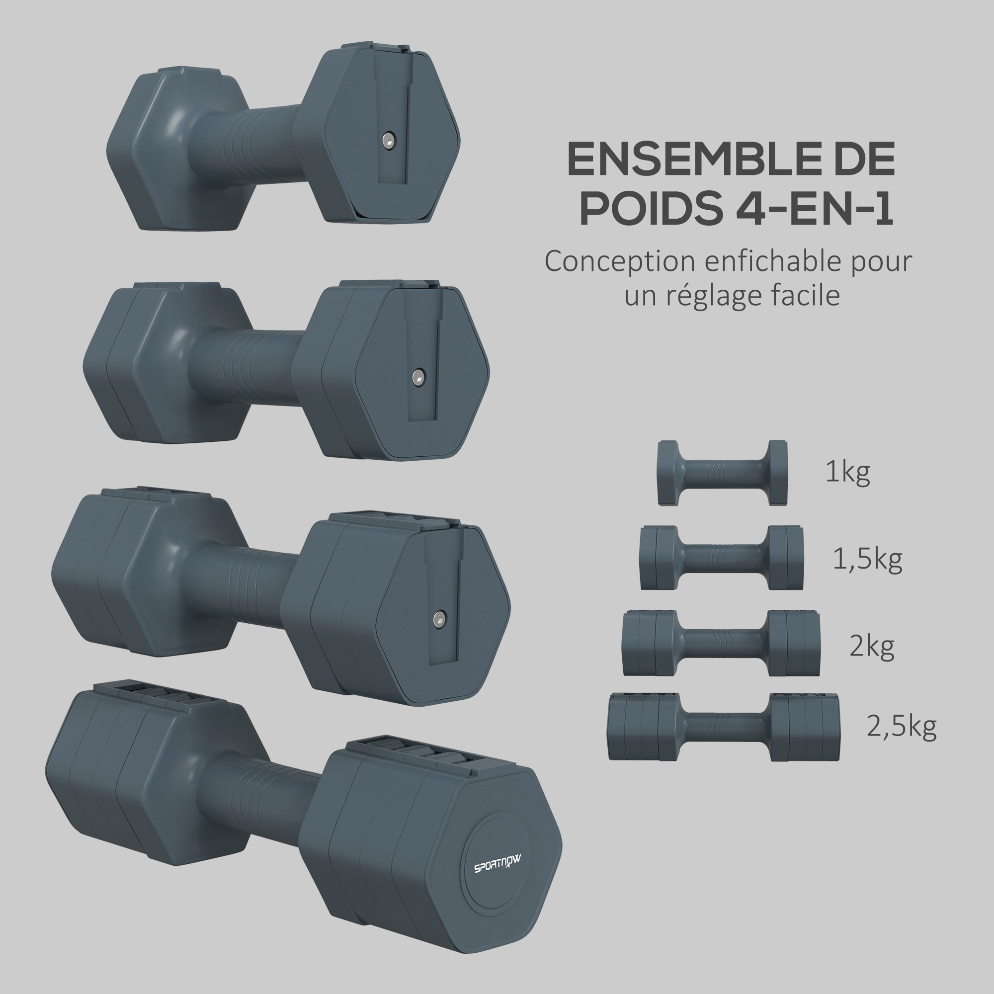 Lot de 2 haltères réglables hexagonales avec poignée antidérapante pour l'entraînement à domicile, 2 x 2.5kg gris