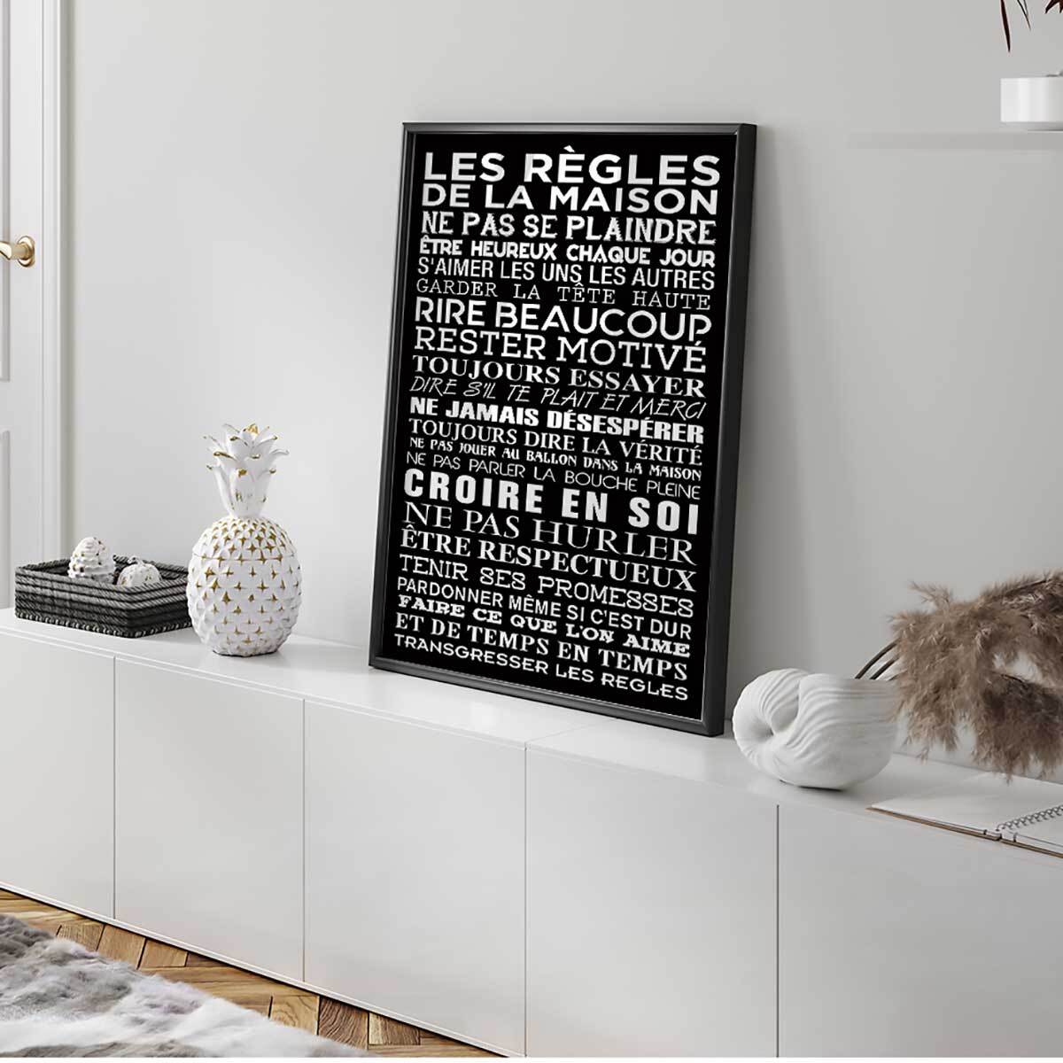 Affiche encadrée Les règles de la maison typographie décorative Affiche + cadre en métal - Noir