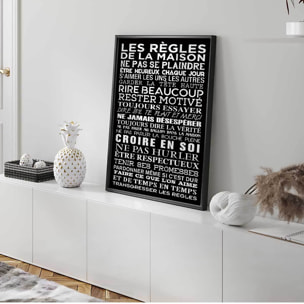 Affiche encadrée Les règles de la maison typographie décorative Affiche + cadre en métal - Noir