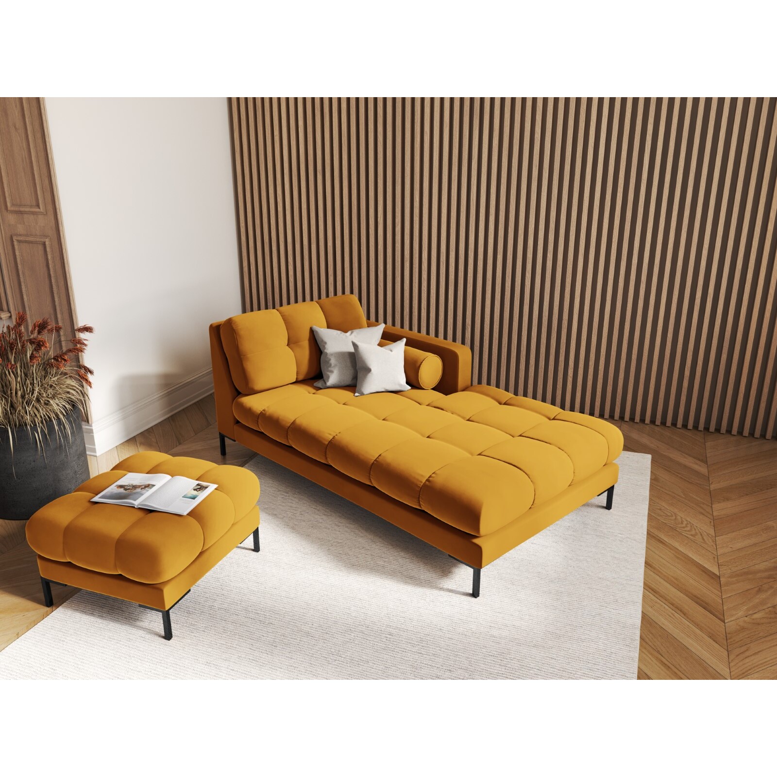 Méridienne droite "Bali" en velours jaune
