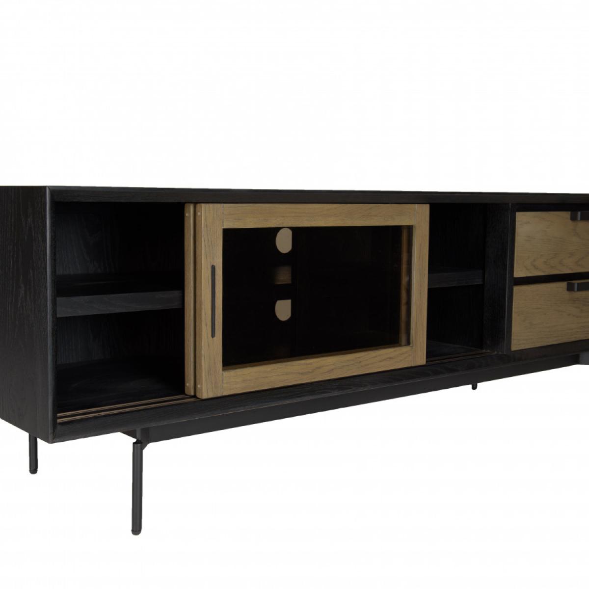 ALMA - Meuble TV marron/noir 2 portes coulissantes en verre fumé pieds métal noir