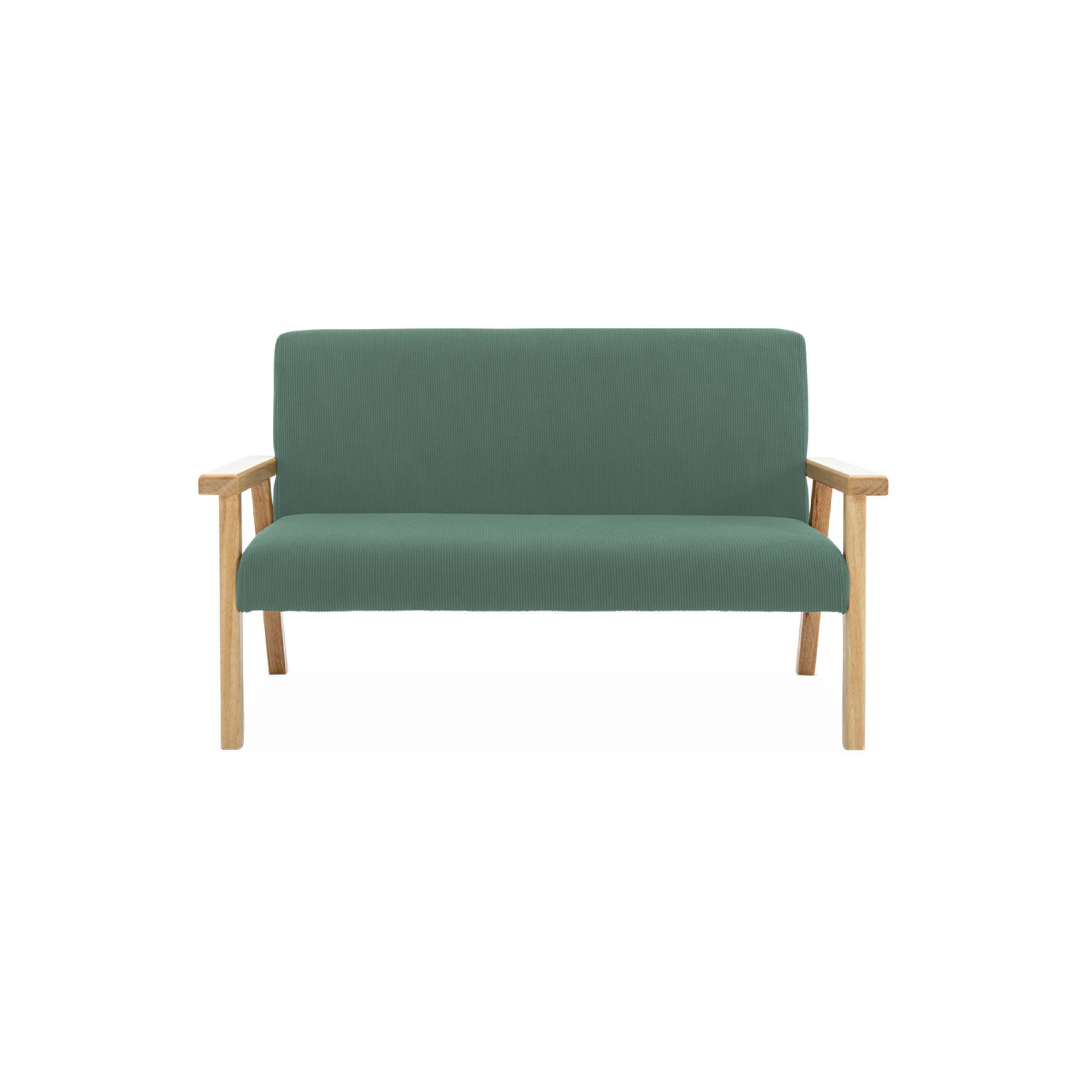 Banquette canapé enfant en bois et velours côtelé kaki. Isak. L 84 x P 43.5 x H 50cm
