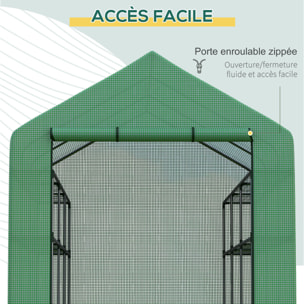 Serre de jardin 6 étagères dim. 244L x 180l x 210H cm porte enroulable acier noir bâche PE vert