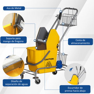 Cubo de Fregona con Ruedas Cubo de Fregar con Escurridor de Presión y Cestas de Almacenamiento Capacidad de 26 L 73x45x95 cm Amarillo