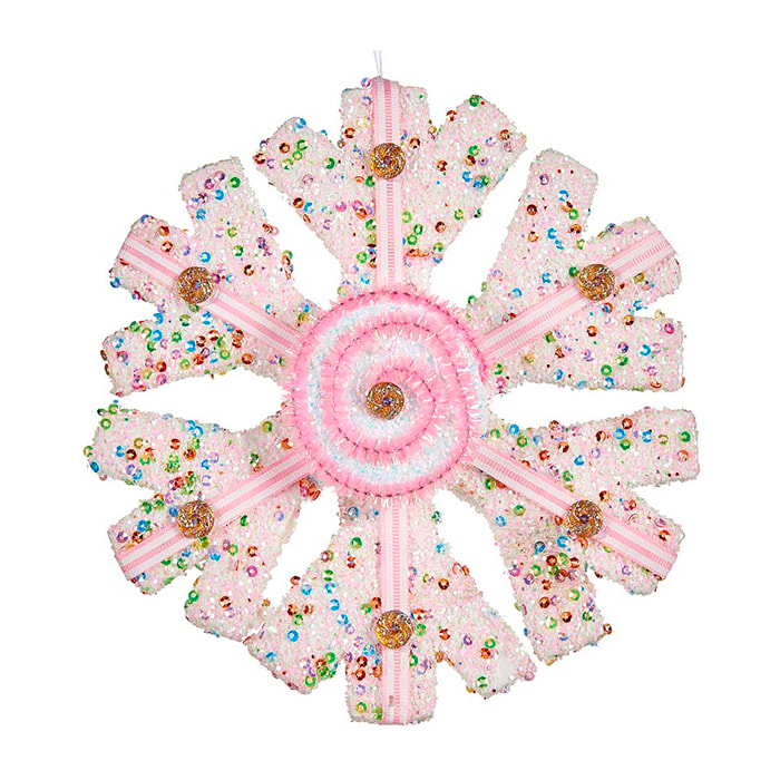 Fiocco di neve decorativo design bianco e rosa di 17 cm.