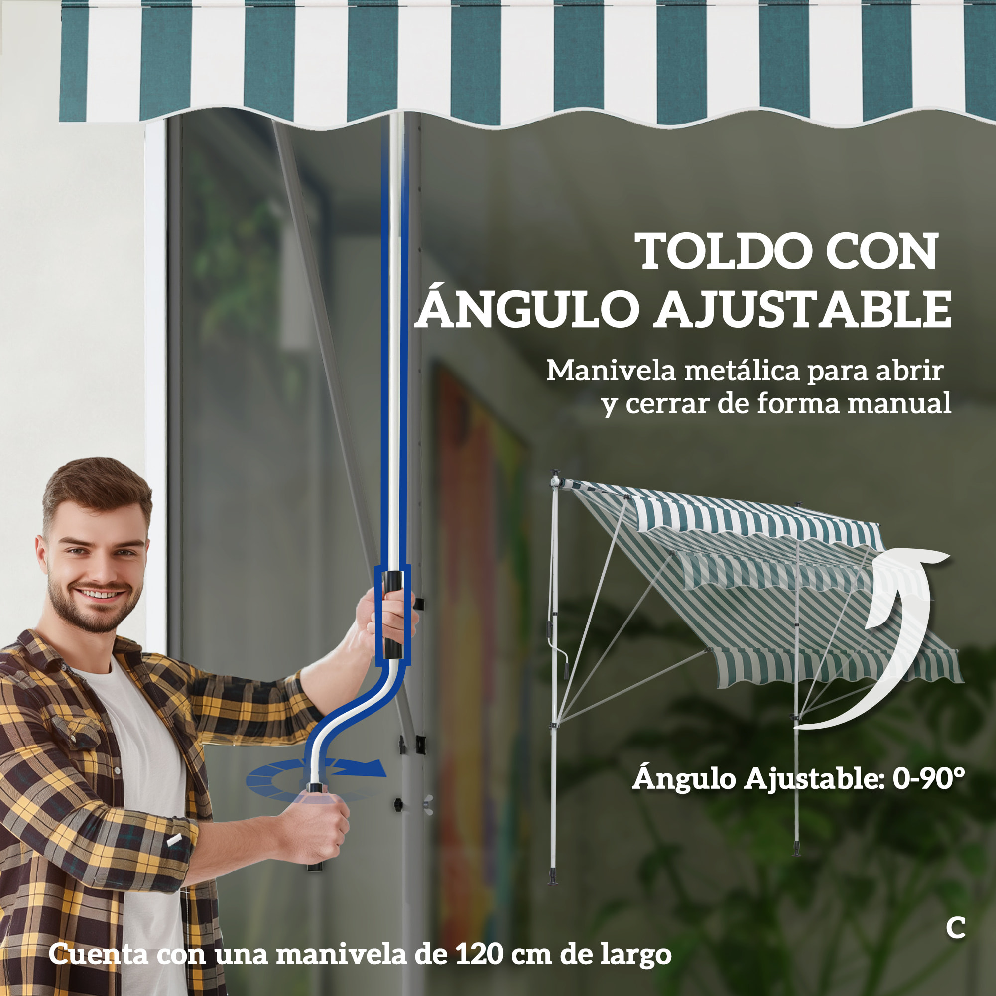 Toldo Manual Retráctil 2x1,5 m Toldo Exterior Terraza Enrollable Altura Ajustable con Manivela 170-280 cm Sin Taladro para Balcón Jardín Verde y Blanco