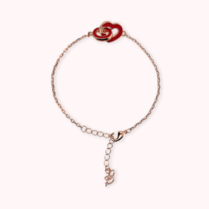 Bracciale Catena Forzatina con Doppio Pendente Smaltato Cuore e Maglia Ovale Rosso