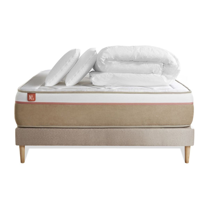 Pack Matelas Le Soyeux - 24cm - Ressorts ensachés et mémoire de forme - Equilibré - Sommier kit Beige - Avec couette et oreillers