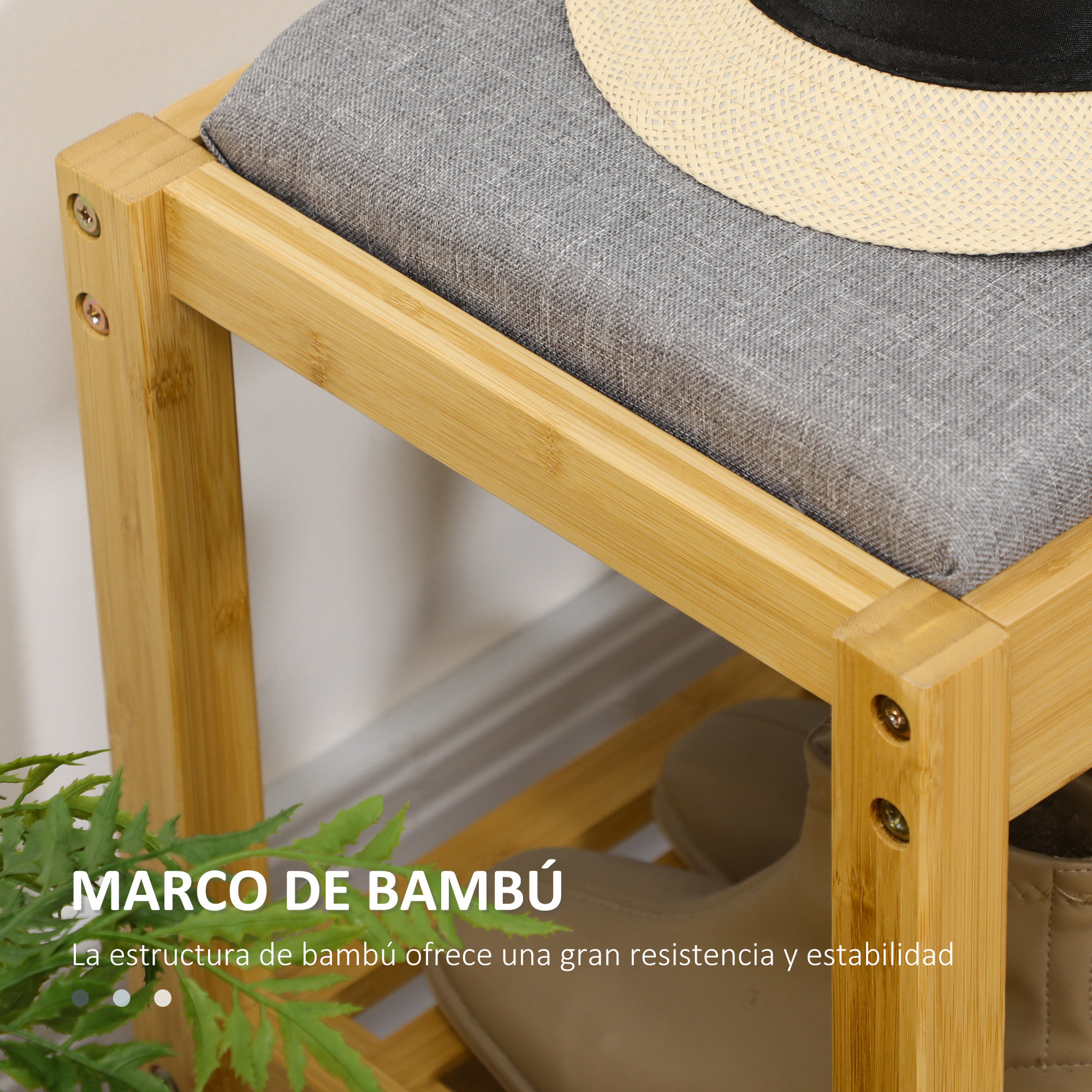 Banco Zapatero de Bambú Zapatero con Asiento Tapizado para 3 Pares de Zapatos con Estante de Listones para Entrada Pasillo 90x30x46 cm Natural