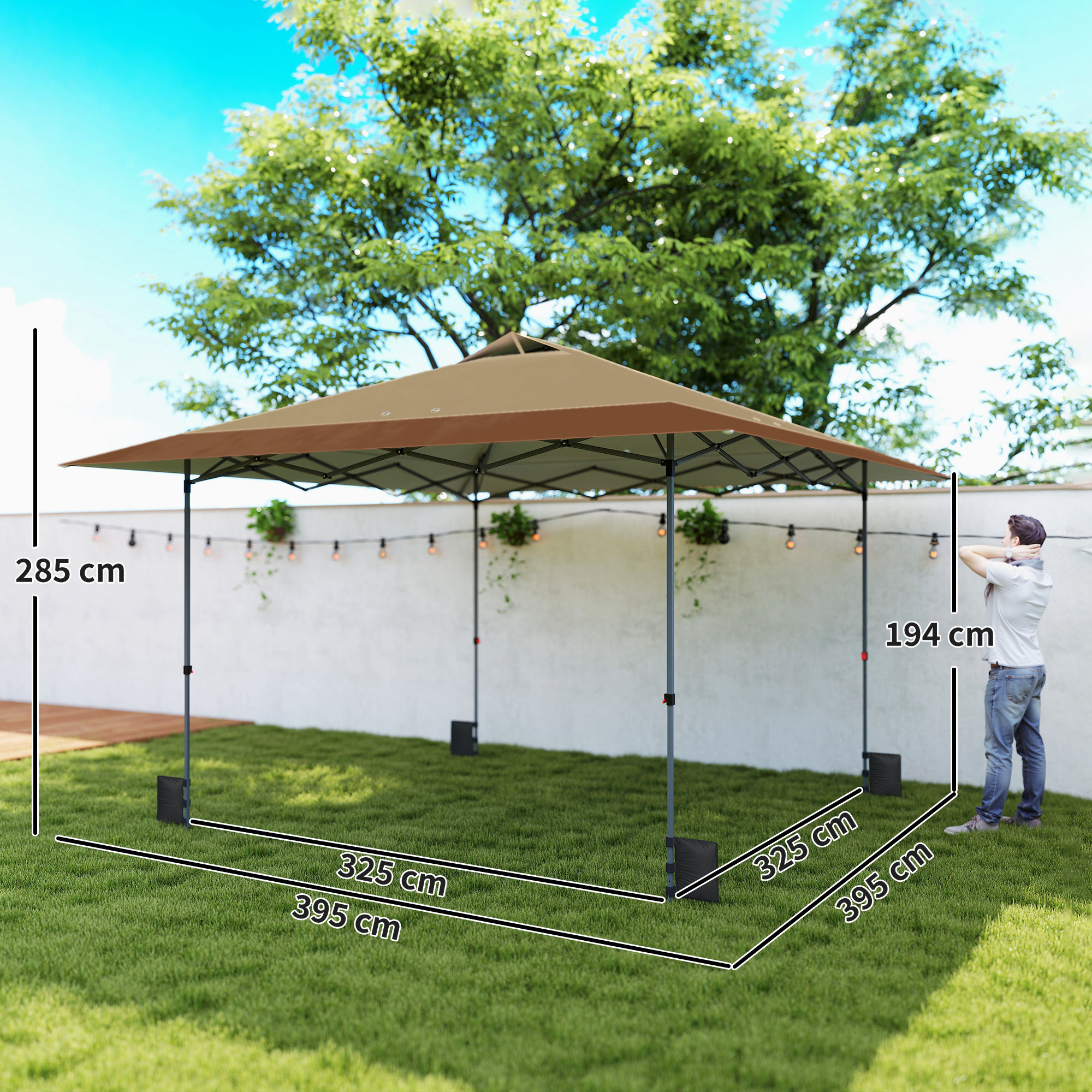 Carpa Plegable Pop-up Gazebo 4x4 m, Cenador Plegable con Bloqueo Central, UPF50+, Altura Ajustable, 4 Bolsas de Arena y Bolsa de Transporte con Ruedas, para Camping, Fiestas, Beige y Café