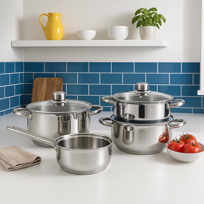 set de batería de cocina de 7pc en acero inoxidable + 3 sartenes ø16ø20ø24cm azul mate en aluminio prensado