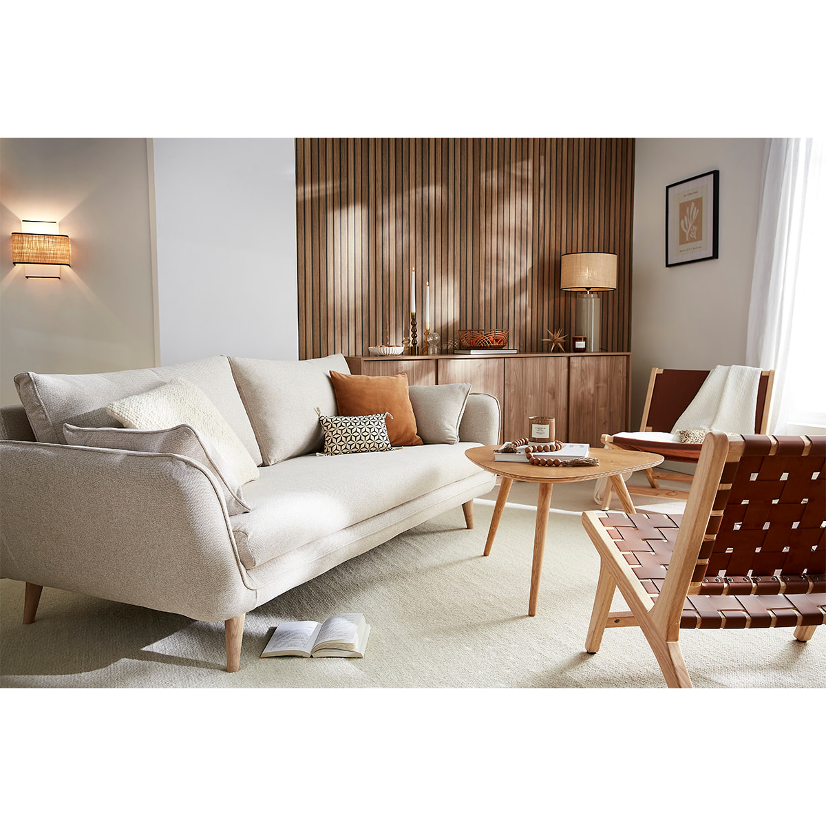 Canapé scandinave 3 places en tissu beige et bois clair CREEP