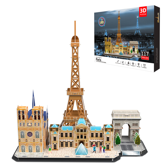 Puzle 3D de cartón de la ciudad de París con luces LED. 104 piezas.