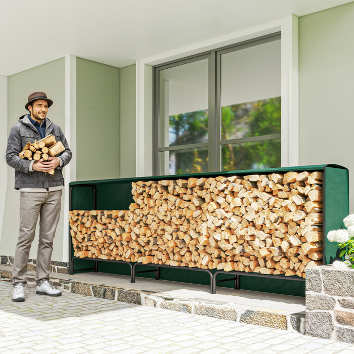Outsunny Estante de Leña con Funda de PE, Leñero Exterior Metálico Robusto, Longitud Ajustable, Carga 300 kg, para Interior y Exterior, Jardín, Terraza, 300x36x99 cm, Verde y Negro