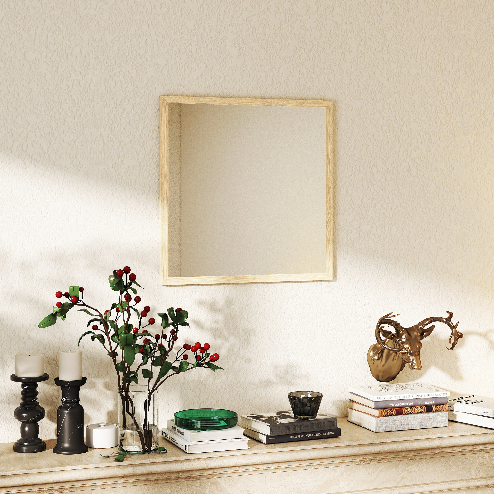 Miroir mural carré dim. 50L x 50H cm cadre effet bois naturel