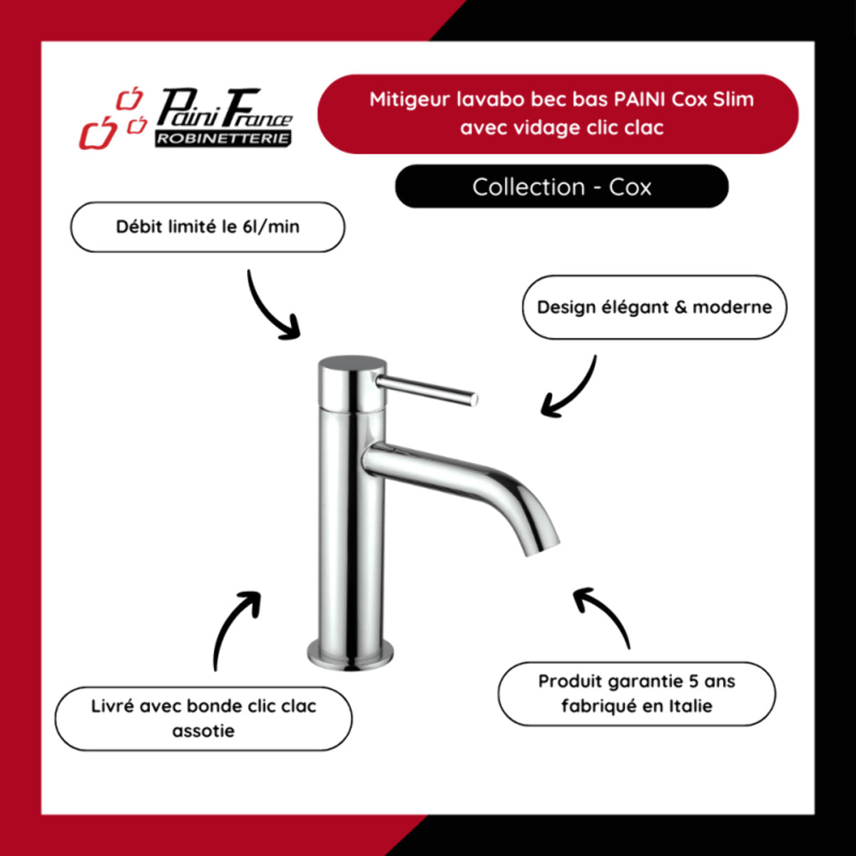 Mitigeur lavabo bec bas PAINI Cox Slim chromé avec vidage clic clac