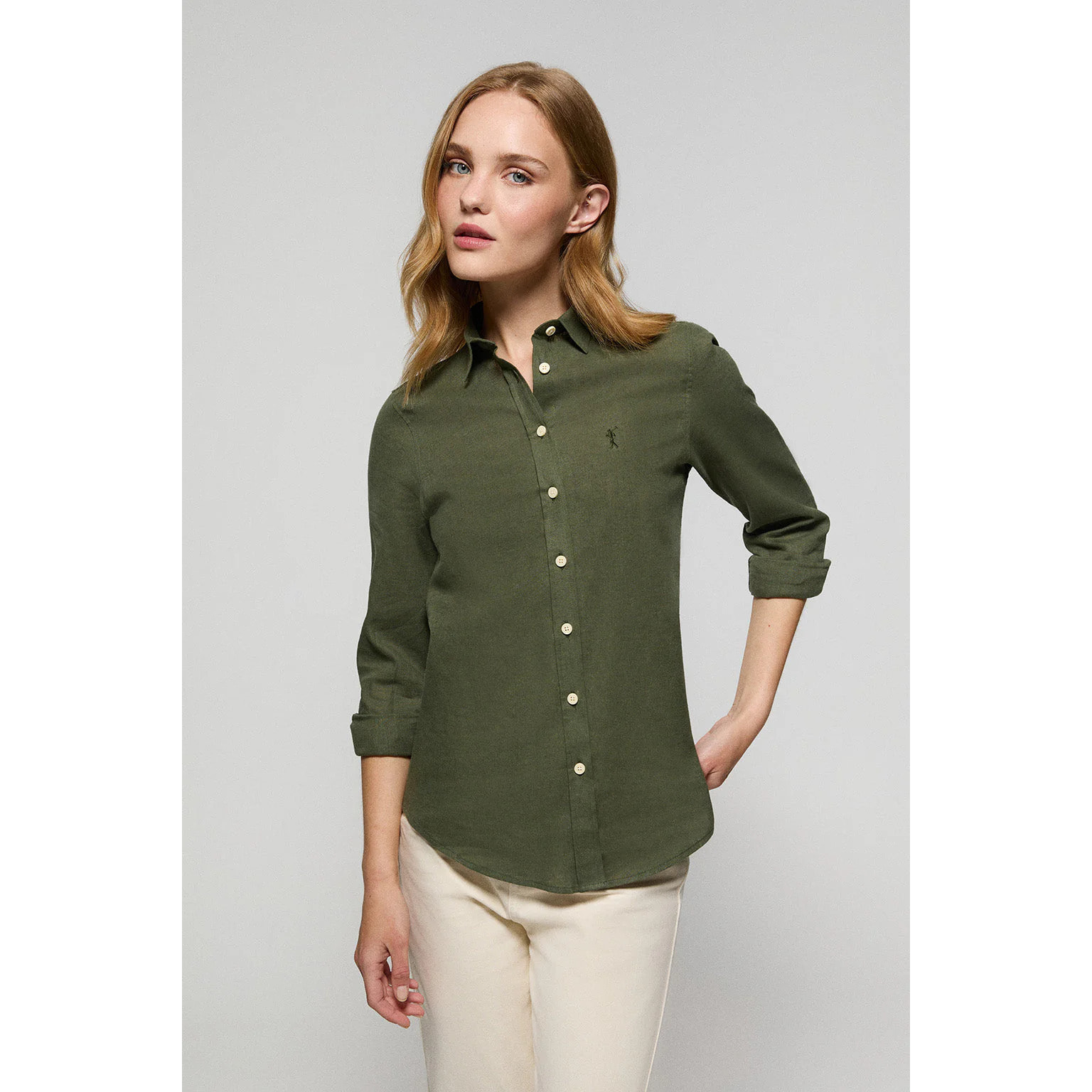 Camicia verde scuro in lino e cotone con particolare ricamato Rigby Go