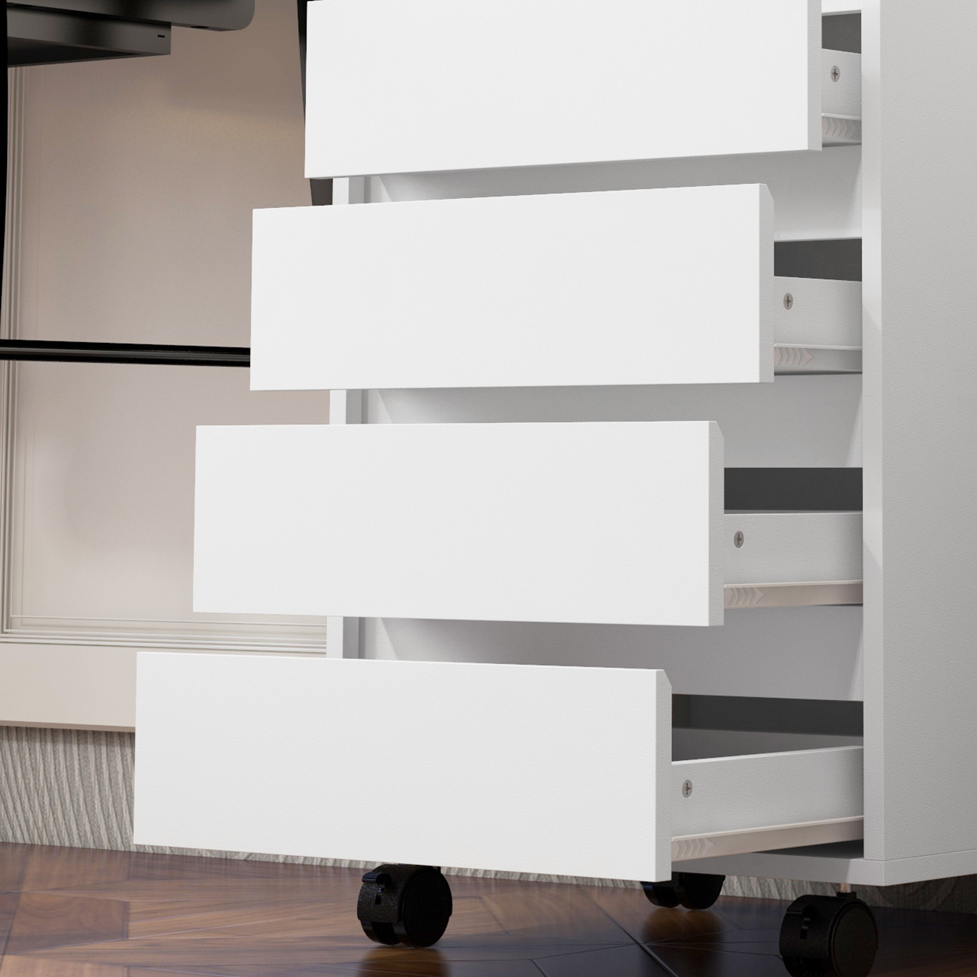 Caisson de bureau rangement bureau sur roulettes 4 tiroirs coulissants MDF blanc
