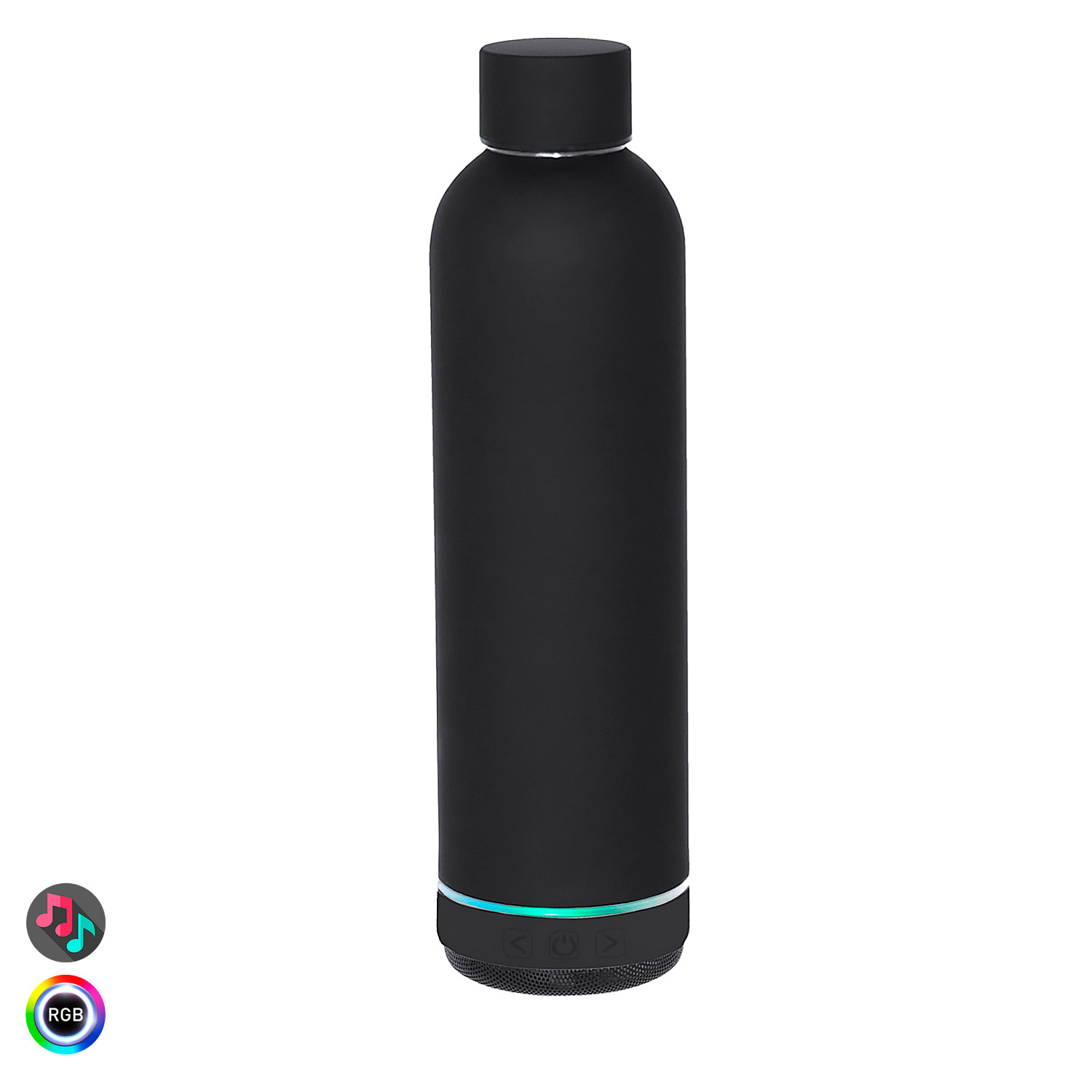 Bidón térmico con Altavoz Bluetooth e iluminación LED RGB. Con 540 ml de capacidad, en acero inoxidable de doble pared. Libre de BPA.