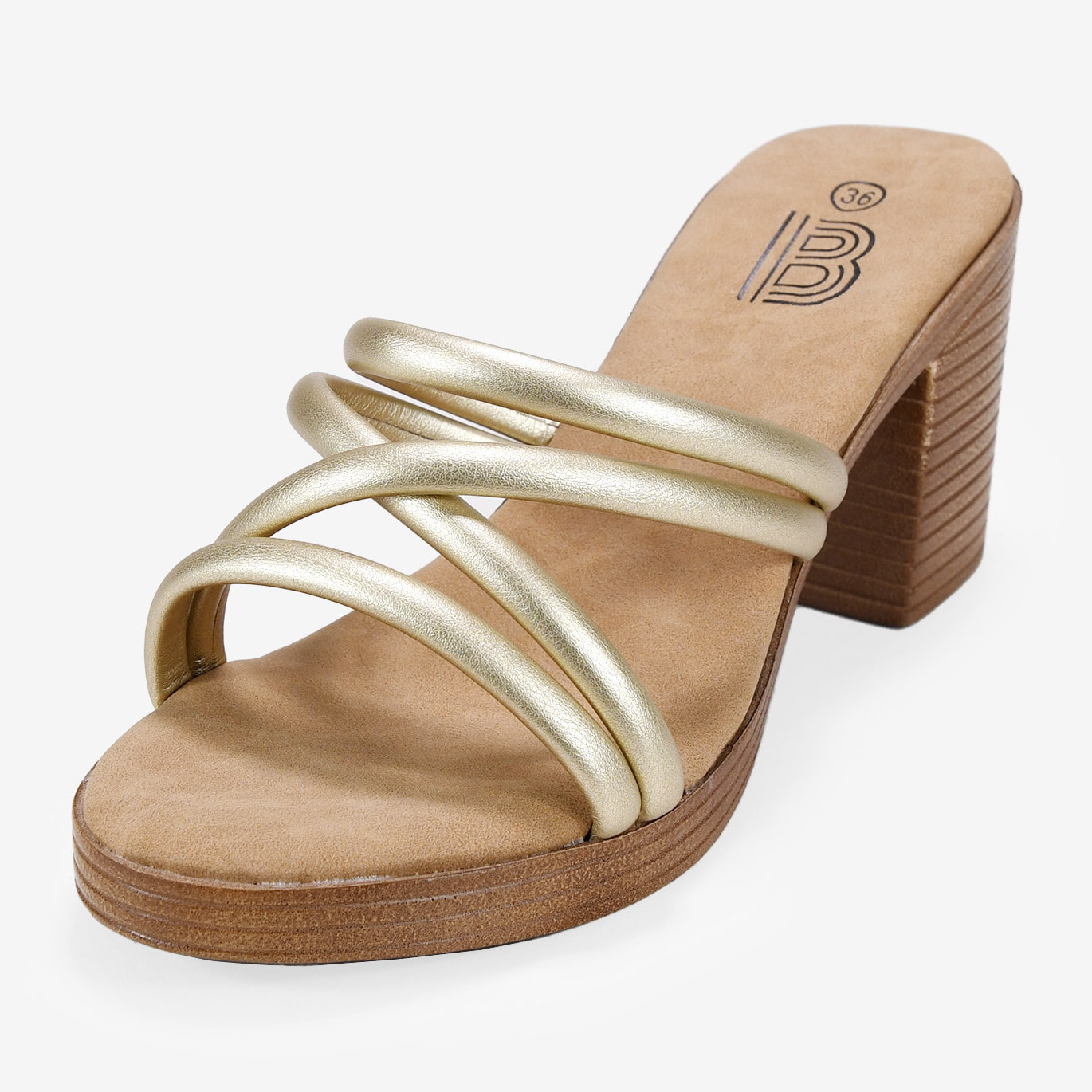 Sandalias doradas con tacón efecto madera