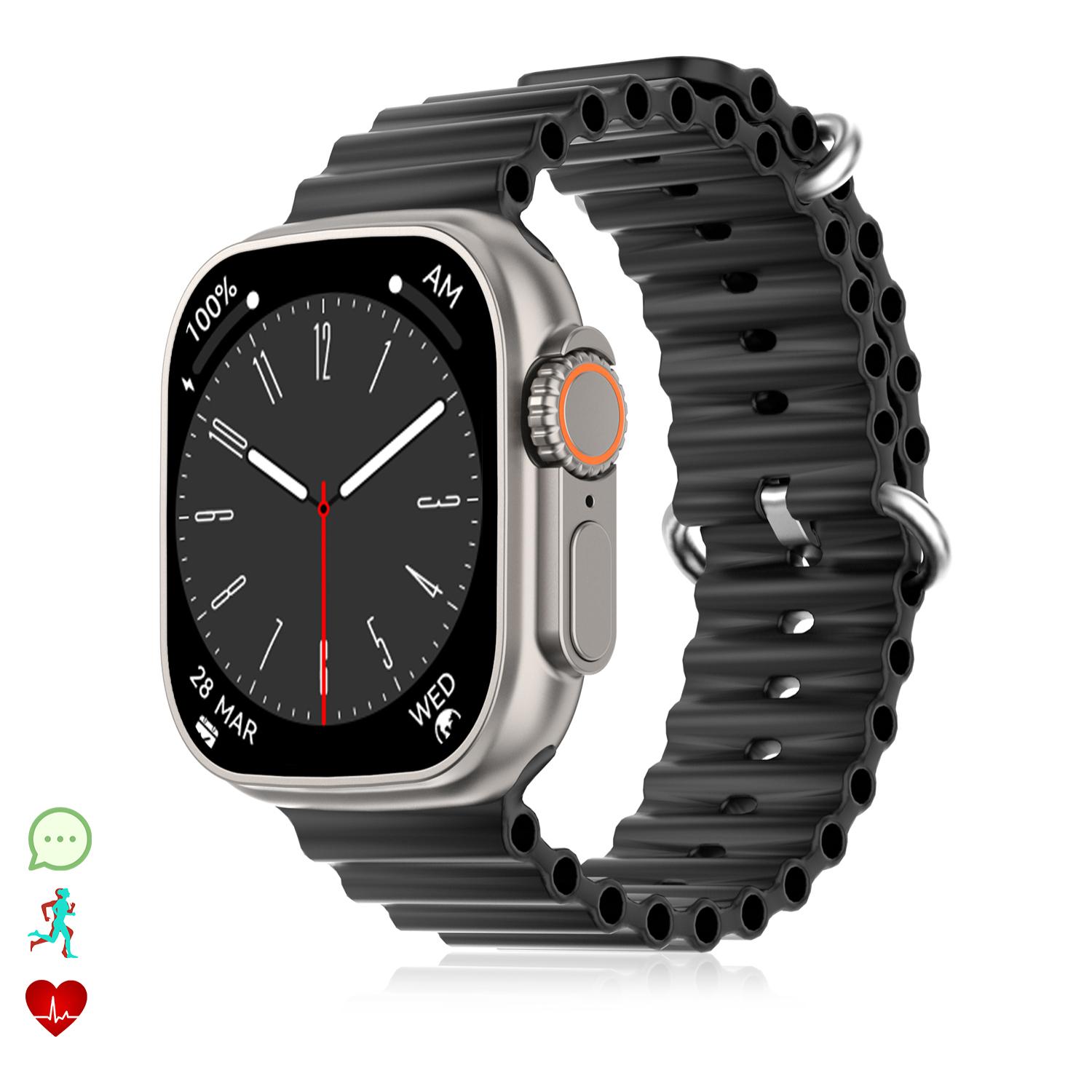 DAM Smartwatch DT8 Ultra con pantalla de 2.0 pulgadas HR y función Always-On display. Widgets personalizables. Correa Sea band. 4,8x1,3x4,3 Cm. Color: Plata