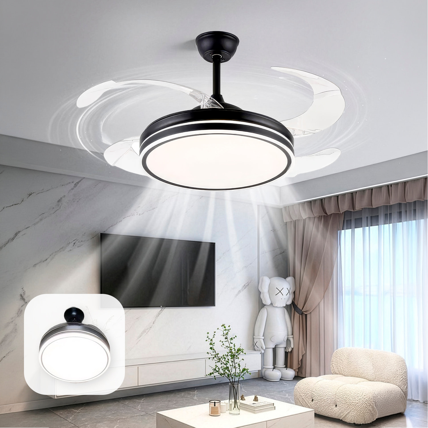 Ventilatore da soffitto 8808, 120 cm, pale retrattili. Motore DC da 36 W, luci LED dimmerabili da 60 W, 6 velocità, modalità inverno/estate. Controllabile tramite telecomando o app per dispositivi mobili.