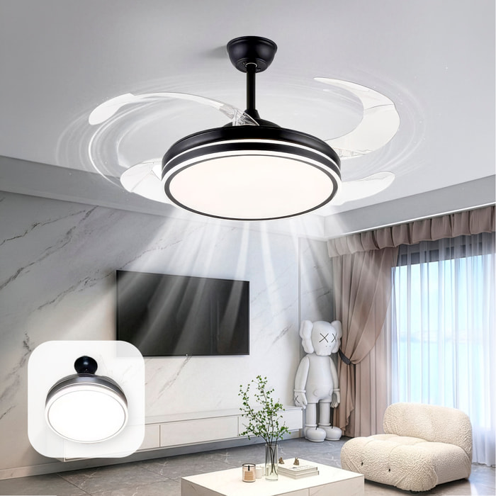 Ventilatore da soffitto 8808, 120 cm, pale retrattili. Motore DC da 36 W, luci LED dimmerabili da 60 W, 6 velocità, modalità inverno/estate. Controllabile tramite telecomando o app per dispositivi mobili.