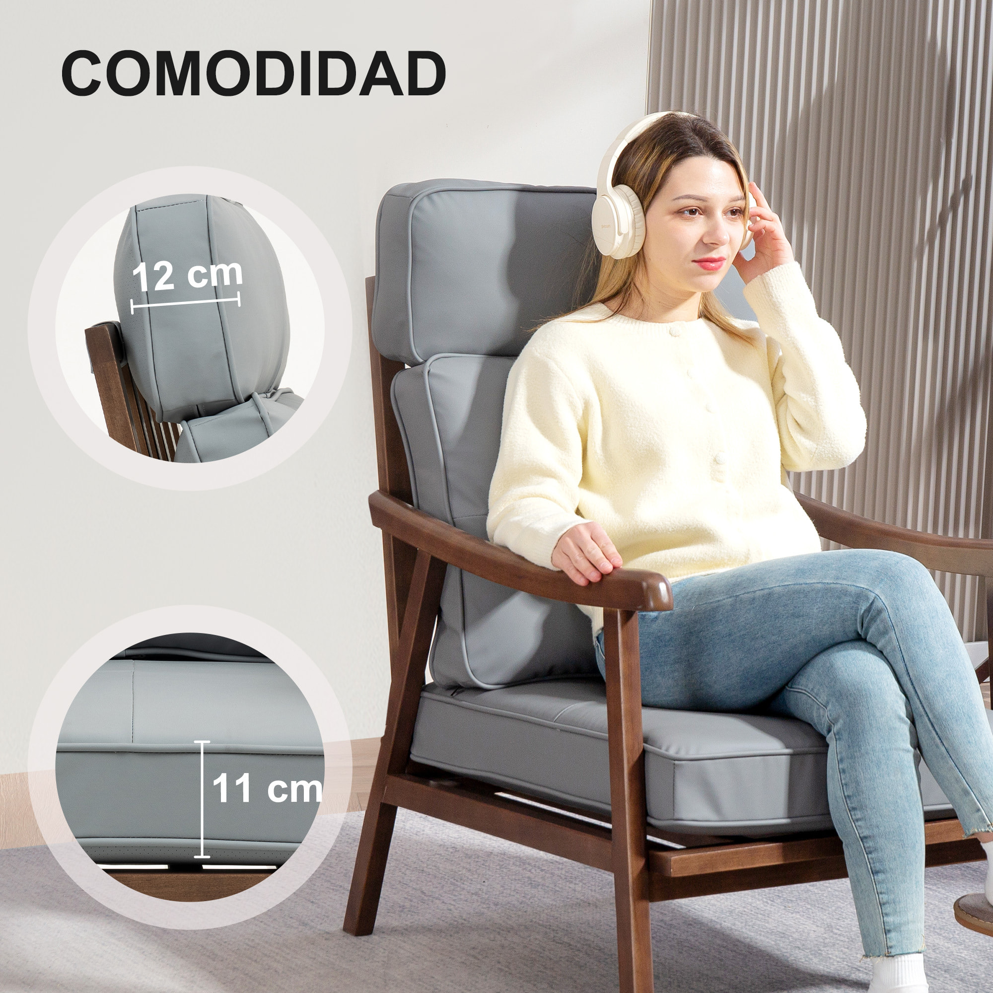 Butaca de Salón Sillón de Salón Tapizado en PU con Marco de Madera Cojines Acolchados Gruesos Respaldo Alto Carga 150 kg Sillón Lectura para Sala de Estar Dormitorio Gris y Madera Nogal