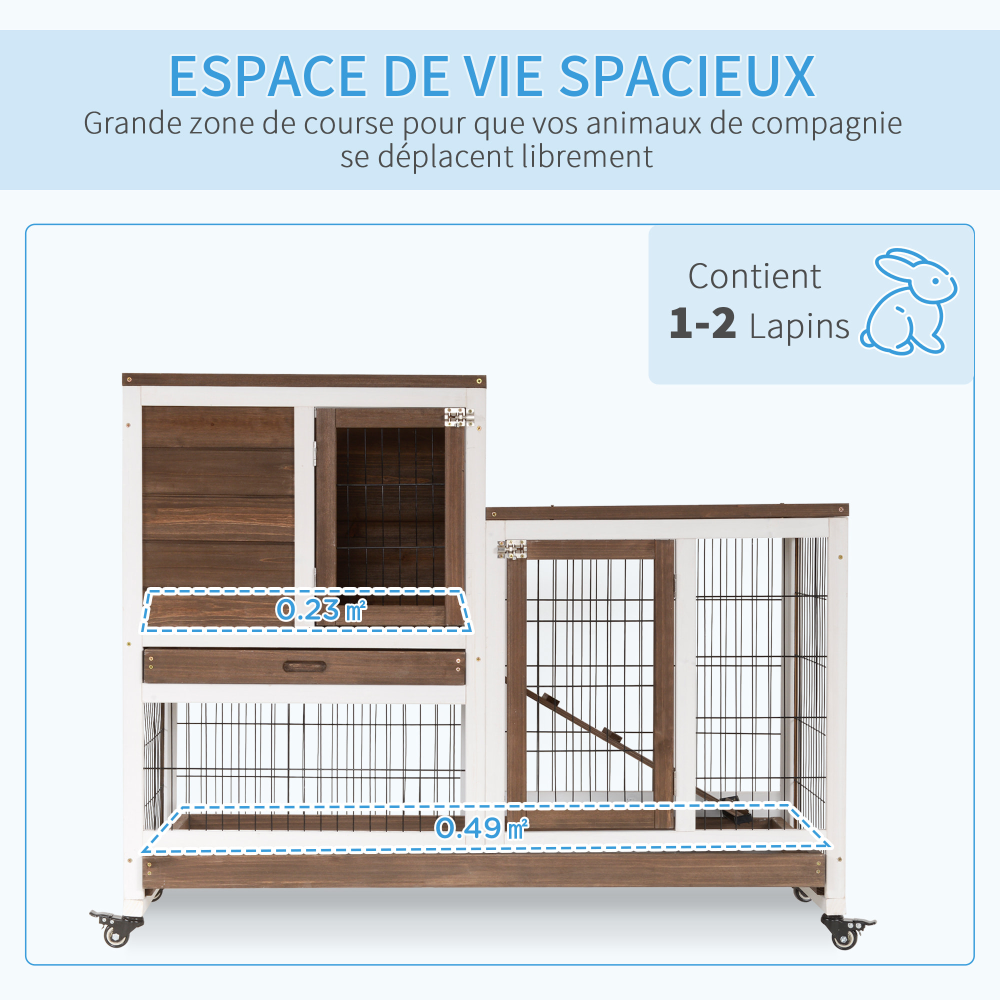 Clapier à lapin sur roulettes cage à lapin 2 étages 2 portes verrouillables 2 plateaux coulissants rampe bois de sapin marron blanc