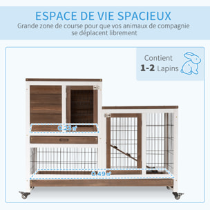 Clapier à lapin sur roulettes cage à lapin 2 étages 2 portes verrouillables 2 plateaux coulissants rampe bois de sapin marron blanc