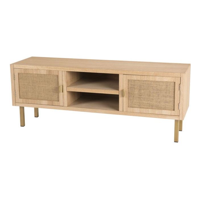 ALINE - Meuble TV 2 niches 2 portes toile de jute pieds métal doré