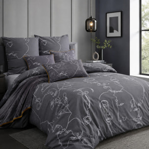 Parure de couette + taies oreiller 100% coton - motif visage abstrait gris