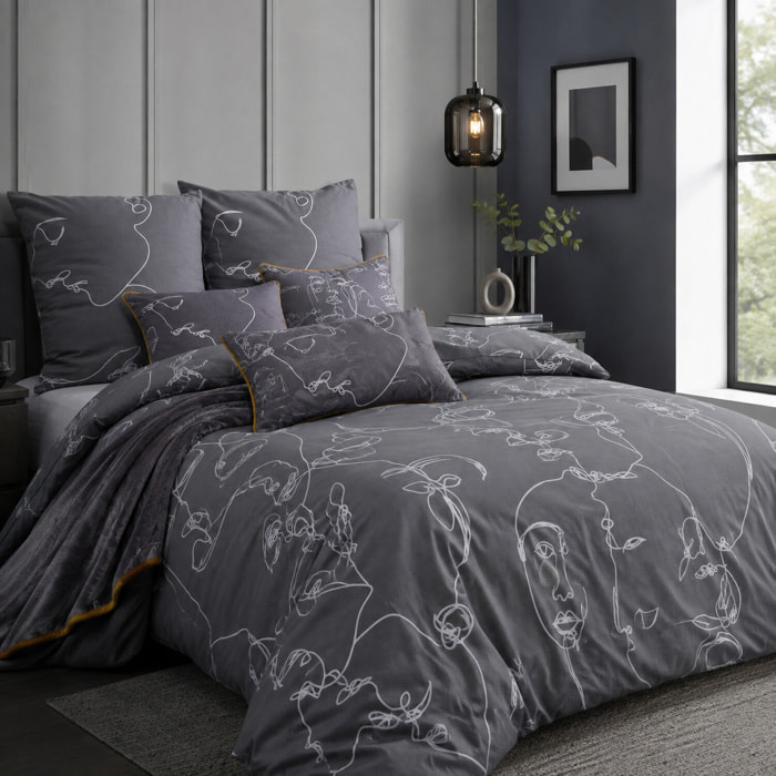 Parure de couette + taies oreiller 100% coton - motif visage abstrait gris