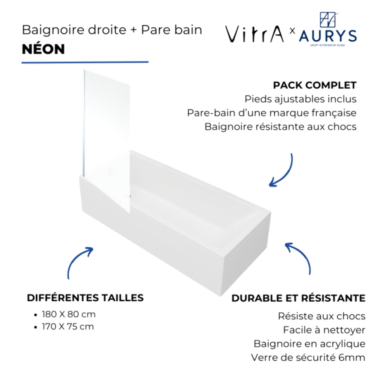 Baignoire rectangulaire VITRA Neon 170x75cm + Pare bain gauche AURYS Mist 1 chromé profilé gauche
