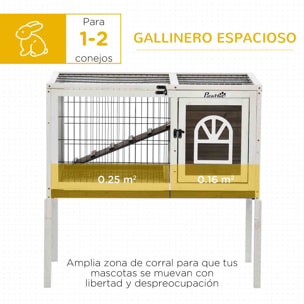 Conejera de Madera Elevada Jaula para Conejos con Zona Abierta Techo Abatible Puertas con Pestillo Bandeja Extraíble y Rampa Conejera para Interior 90x53x87 cm Marrón y Blanco