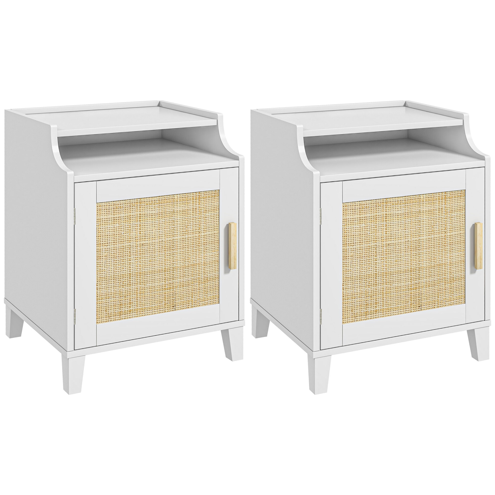 Lot de 2 chevets tables de nuit style bohème chic - total 2 portes, 2 étagères, 2 niches - cannage en rotin MDF blanc