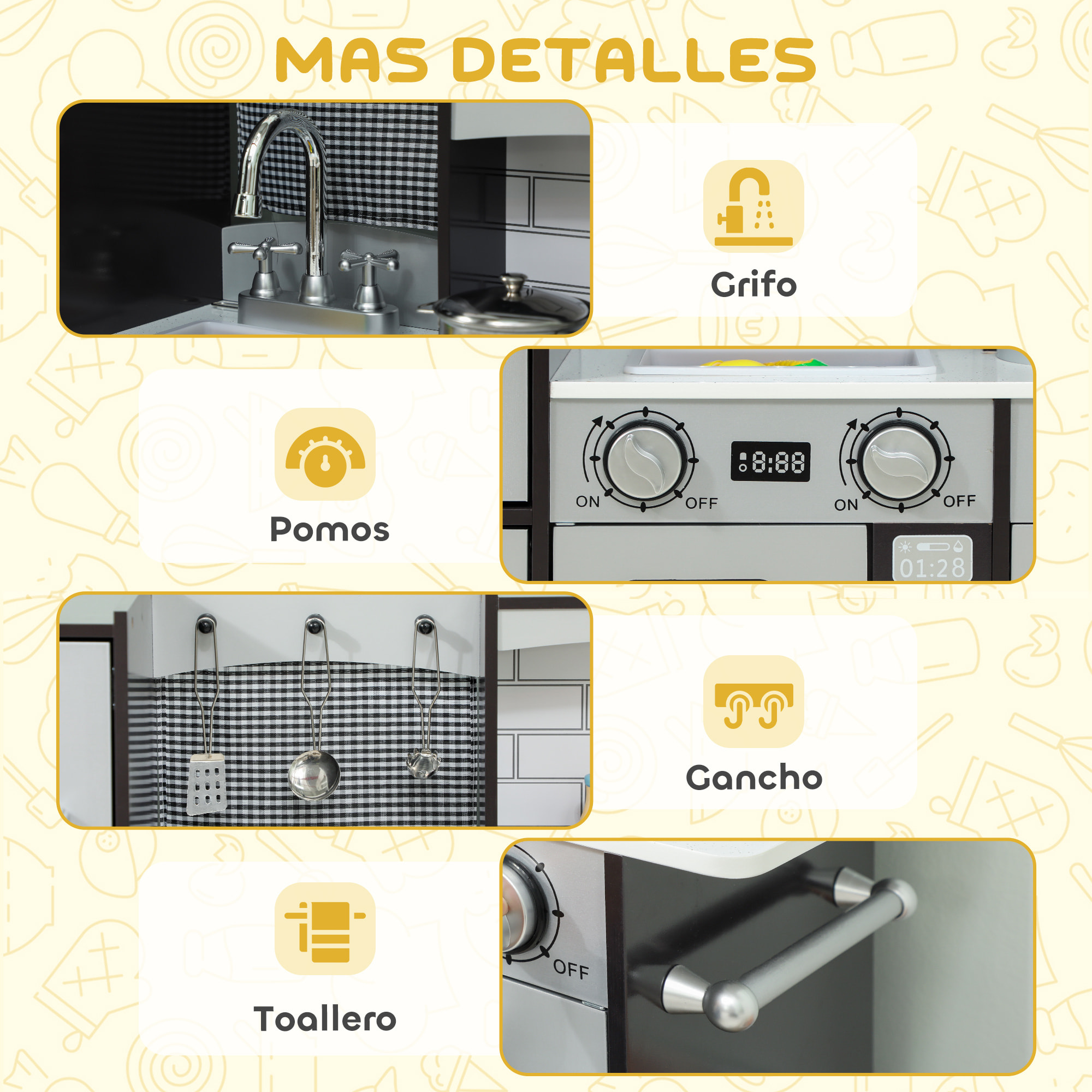 Cocina de Juguete de Madera con Sonido, Cocinita Infantil con Accesorios de Acero Inoxidable, Nevera, Microondas, Fregadero, Juguetes para Niños a Partir de 3 Años, Marrón Oscuro