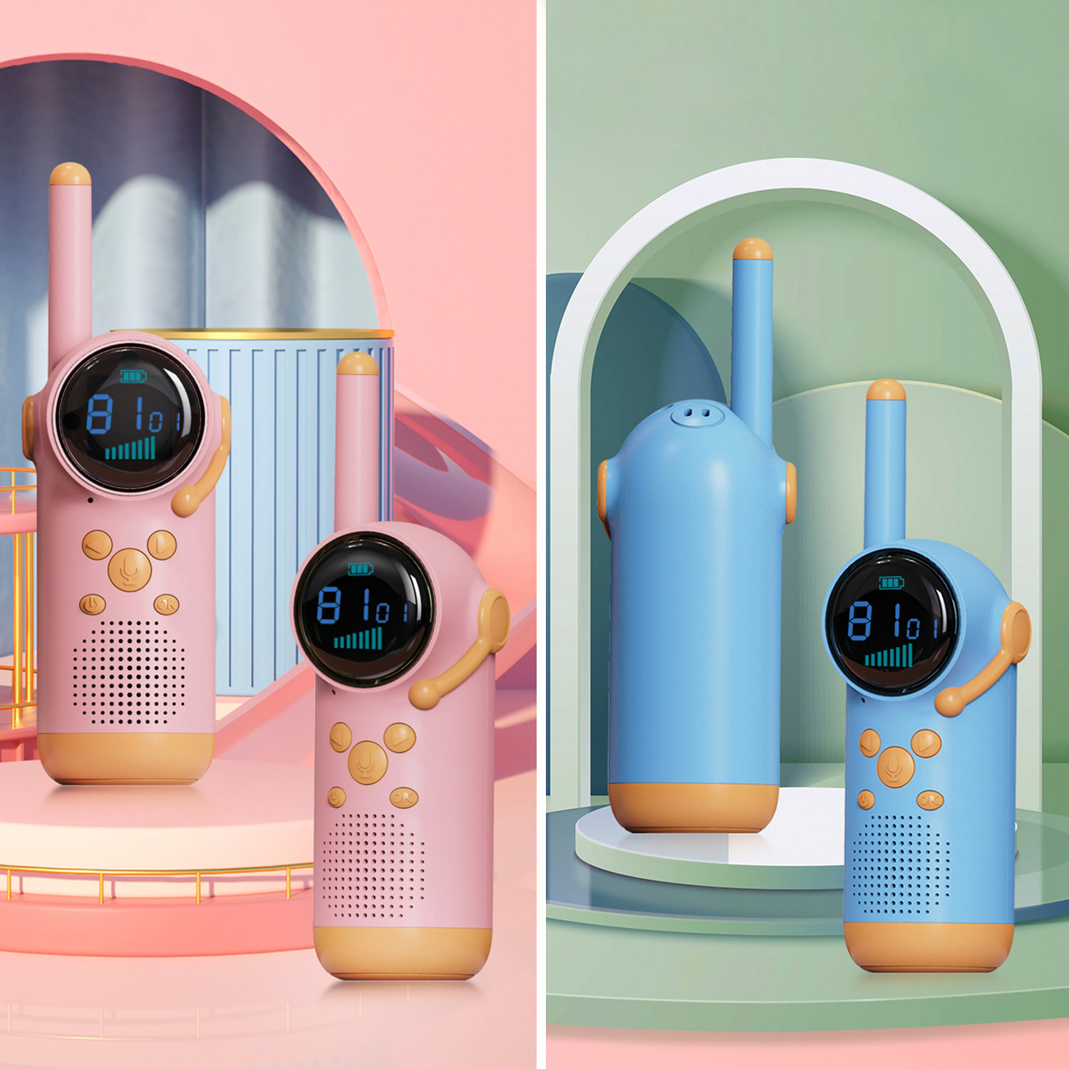 Walkie talkie per bambini D22, 1-3 km, schermo a colori, 99 codici di gruppo crittografati, luce LED. 2 unità. Batteria ricaricabile.