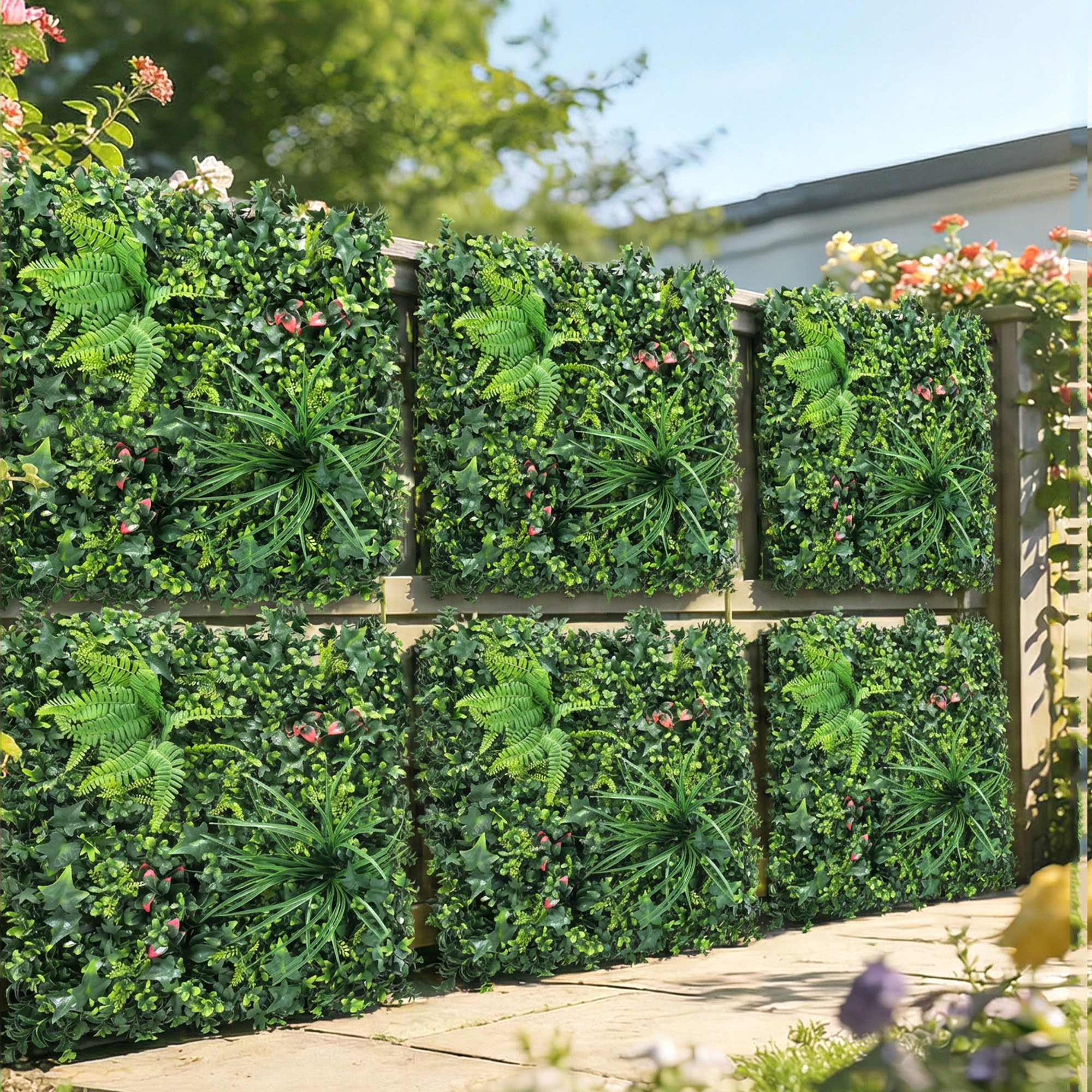 Set de 6 Setos Artificiales Ocultación Jardín, 50x50 cm, Pantallas de Valla de Privacidad Tipo Milán, Fácil Montaje, Anti-UV, para Terraza, Balcón, Exterior, Decoración de Hojas, Verde
