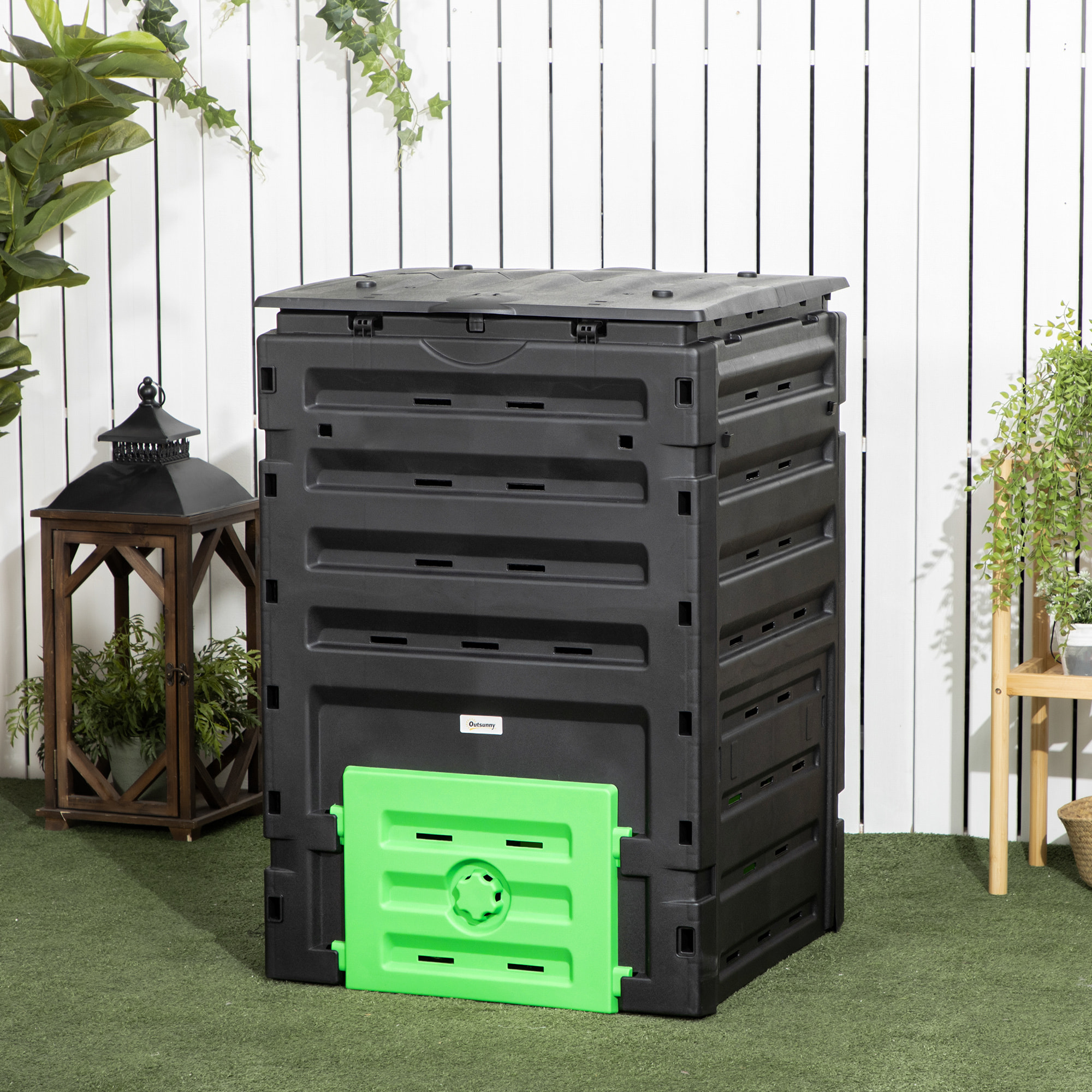Composteur de jardin 450L 80 aérations 2 trappes coulissantes toit ouvrant noir vert