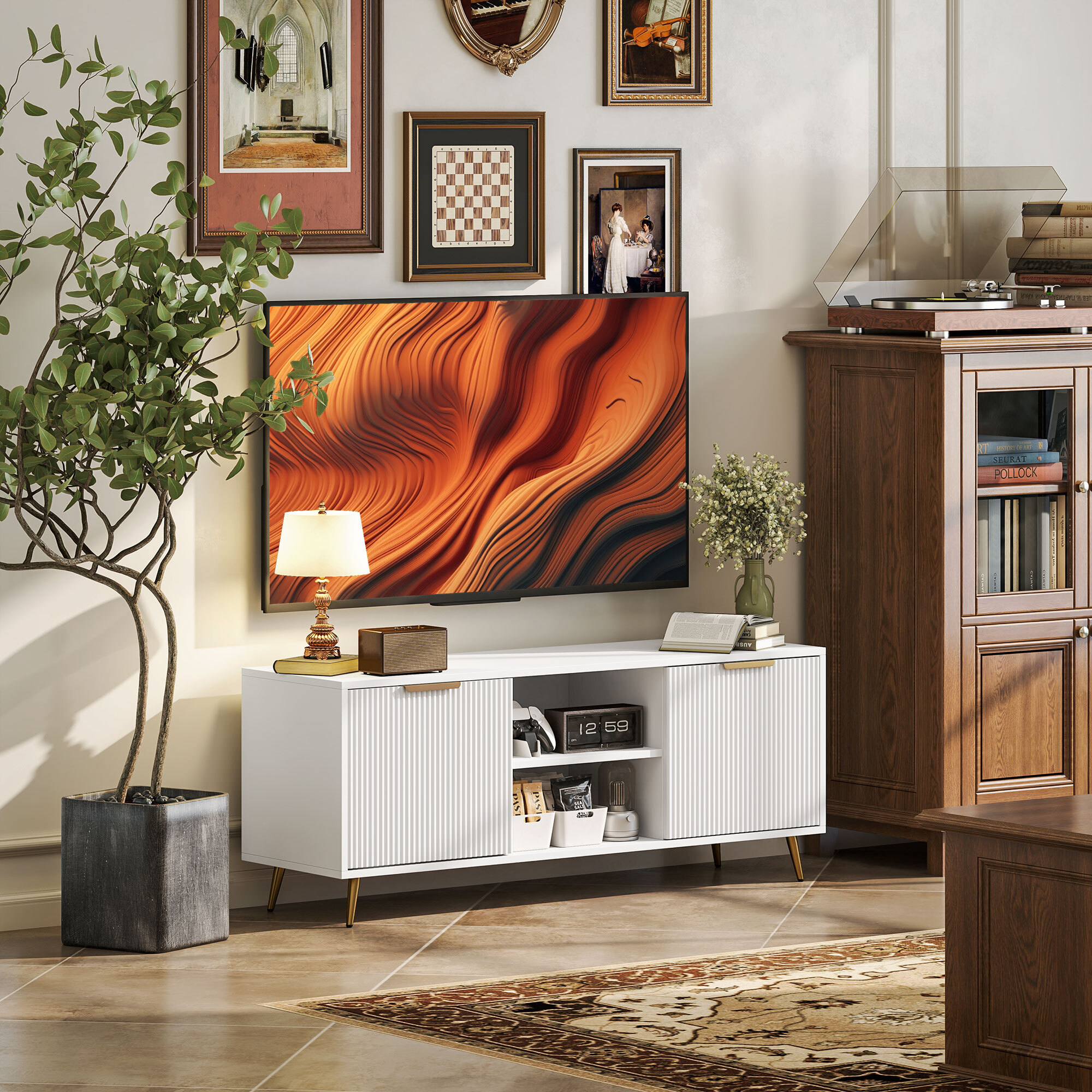 Mueble de TV Moderno Mueble de TV para Salón con 2 Compartimentos Abiertos y 2 Puertas Mueble para Televisión de 55 Pulgadas 120x35x48 cm Blanco