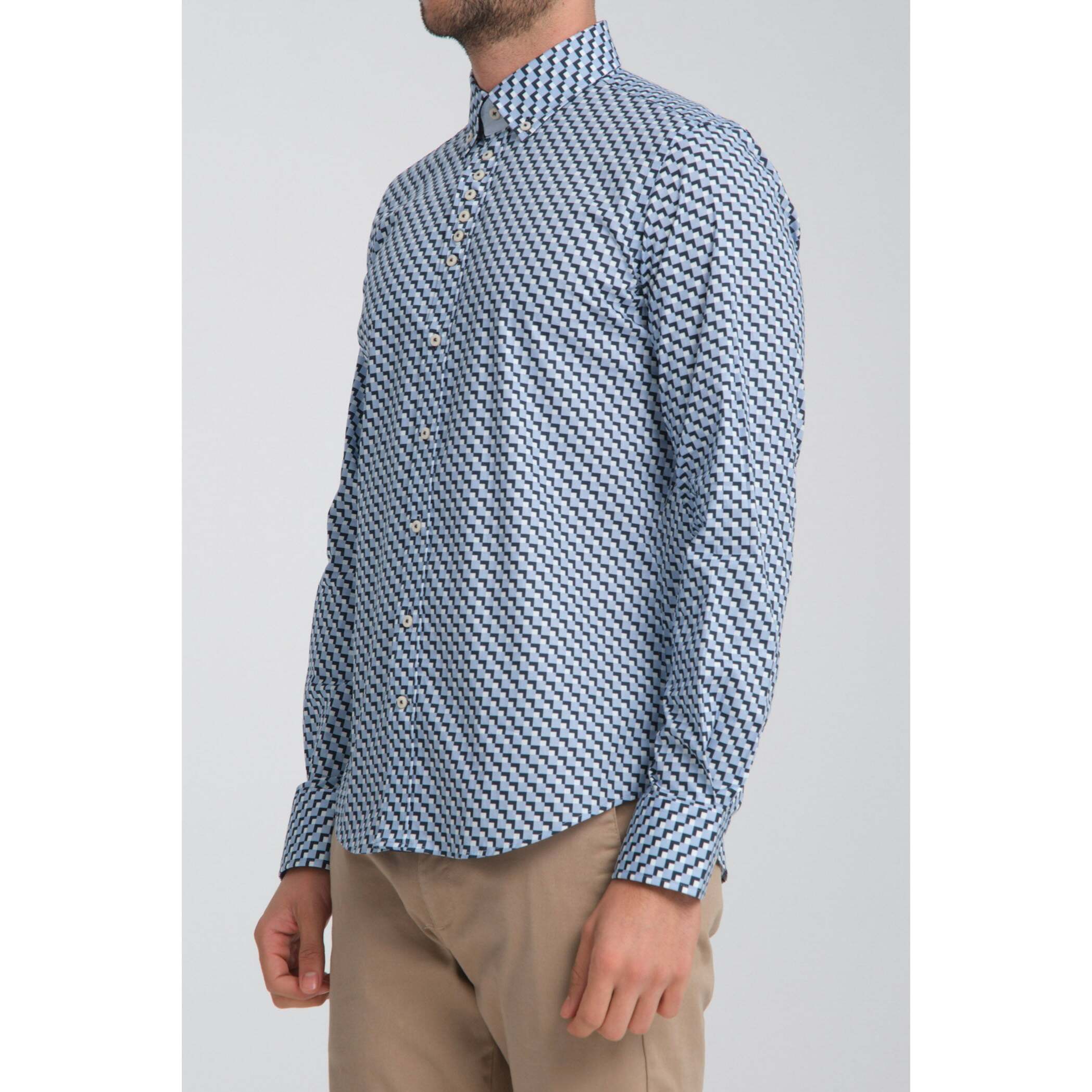 Camicia Uomo 1 Bottoni Button Down Slim Popeline Stretch Stampato Blu/Celeste