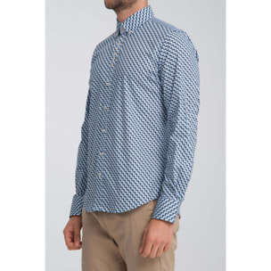 Camicia Uomo 1 Bottoni Button Down Slim Popeline Stretch Stampato Blu/Celeste